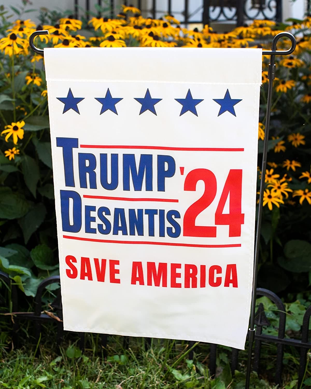 Trump and Desantis '24 Save America Garden Flag | 12"x18" Donald Trump Ron Desantis 2024 Yard Sign - LiberTee Shirts