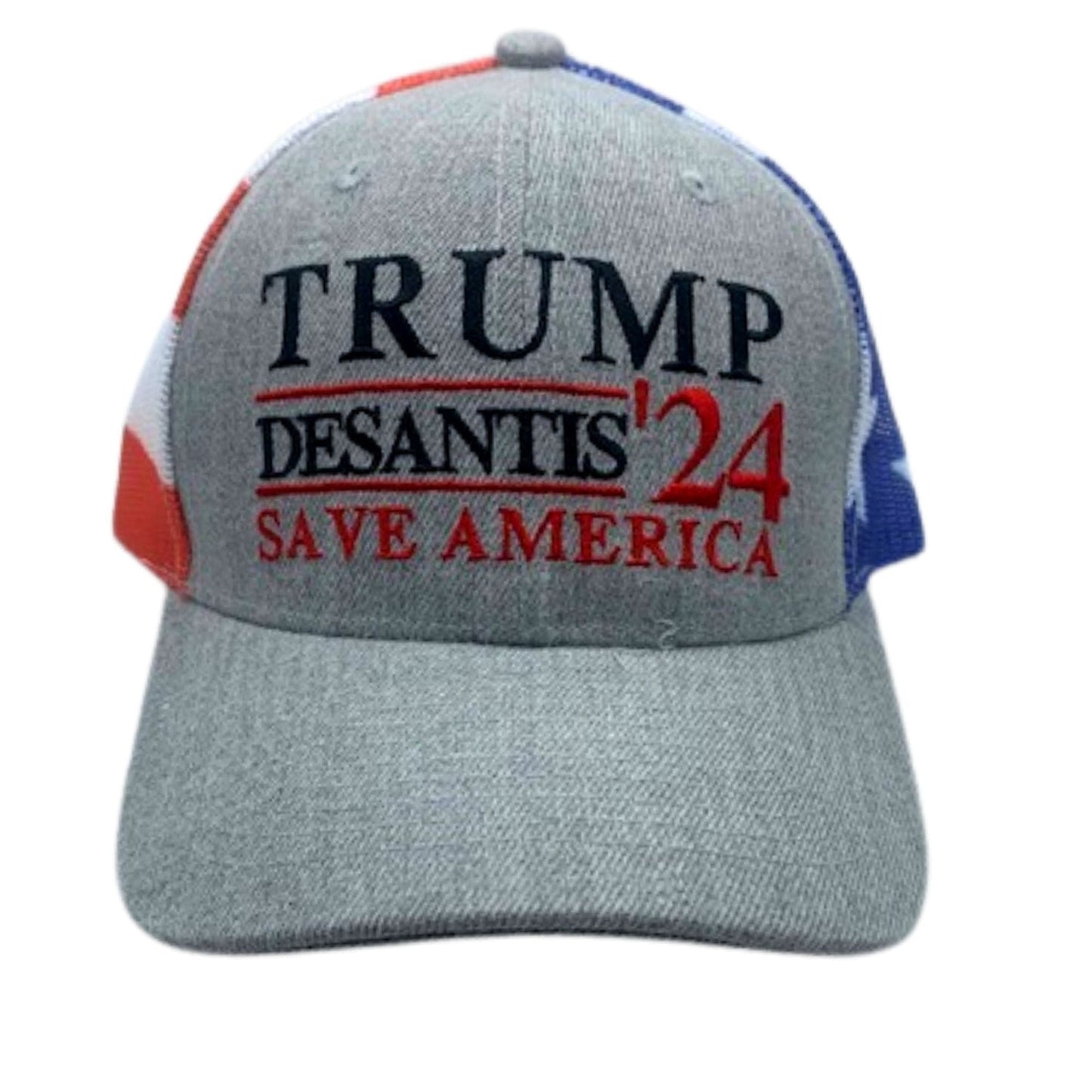 Donald Trump Ron Desantis 2024 Save America Trucker Hat with Flag Pattern Mesh Back | Unisex Patriotic Trump DeSantis '24 Cap with USA Flag - LiberTee Shirts