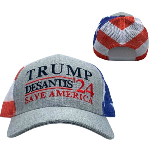 Donald Trump Ron Desantis 2024 Save America Hat with Flag Pattern Mesh Back - 2 Hats - LiberTee Shirts