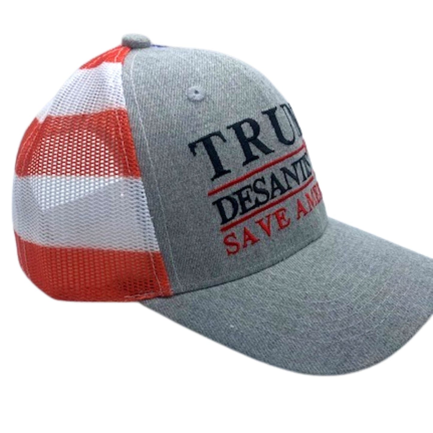 Donald Trump Ron Desantis 2024 Save America Trucker Hat with Flag Pattern Mesh Back | Unisex Patriotic Trump DeSantis '24 Cap with USA Flag - LiberTee Shirts