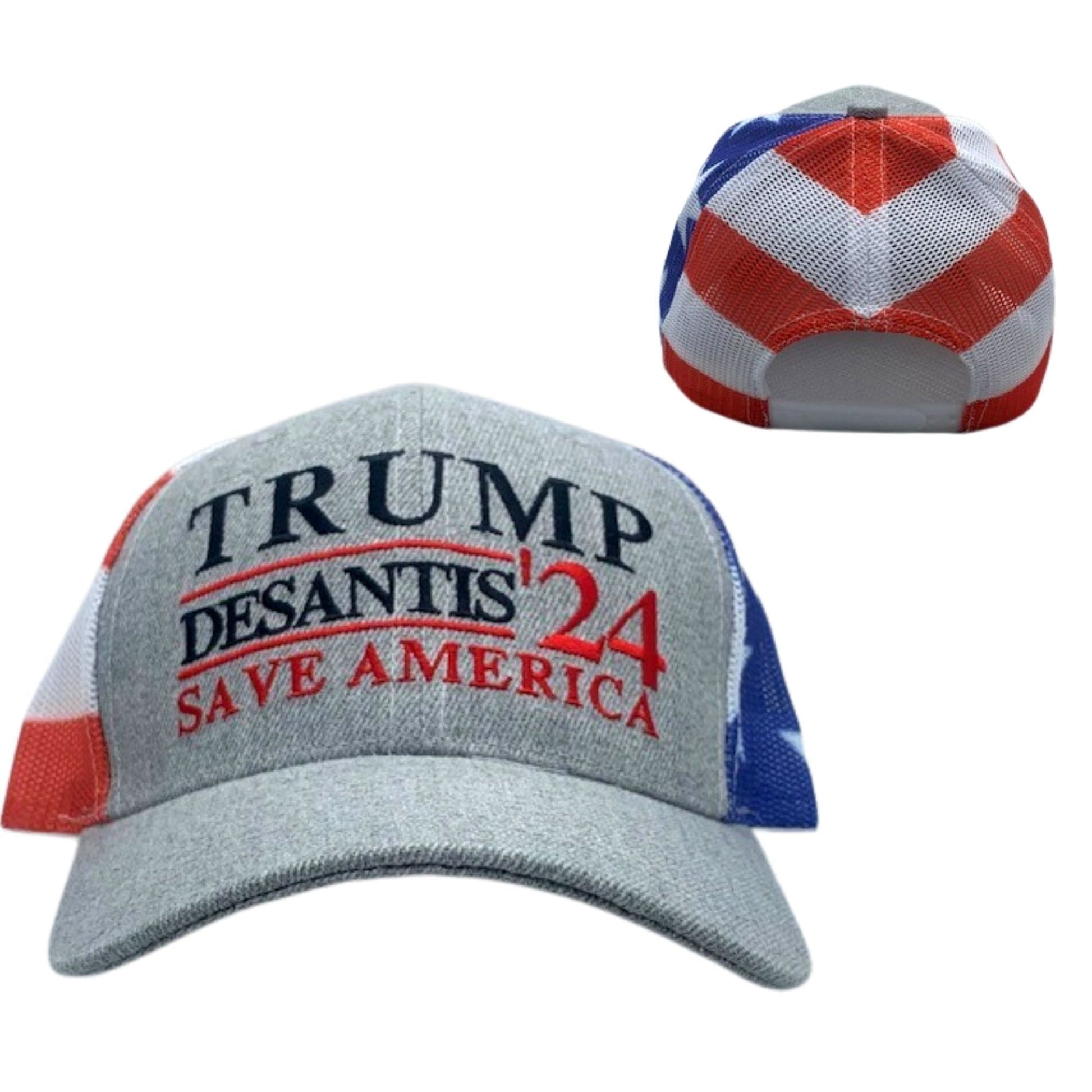 Donald Trump Ron Desantis 2024 Save America Trucker Hat with Flag Pattern Mesh Back | Unisex Patriotic Trump DeSantis '24 Cap with USA Flag - LiberTee Shirts